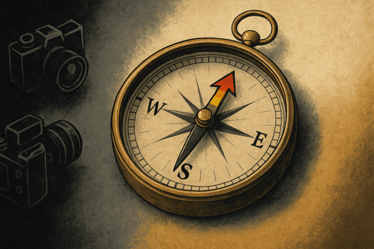 بوصلة رمزية بنصف مضيء ونصف مظلم تعبر عن الفطرة مقابل البروباغاندا، غلاف مقال فكري نقدي